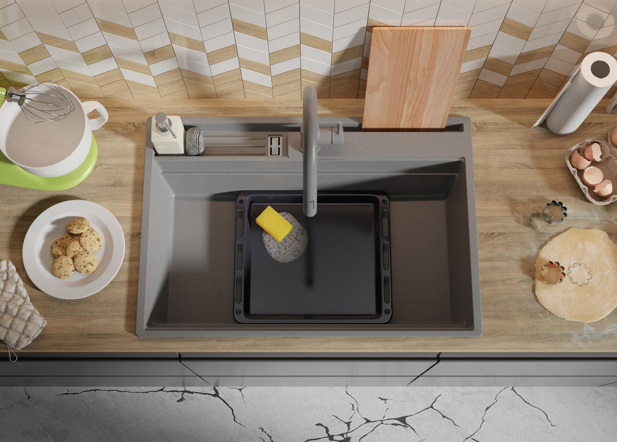 SPÜLBECKEN Oslo Pocket, 2-er set Grau 78/53 cm 1 Becken + Ablauf-Set + Küchenzubehörset ab 80er Unterschrank - Chromfarben/Beige, Kunststoff (78/20/53cm) - Primagran