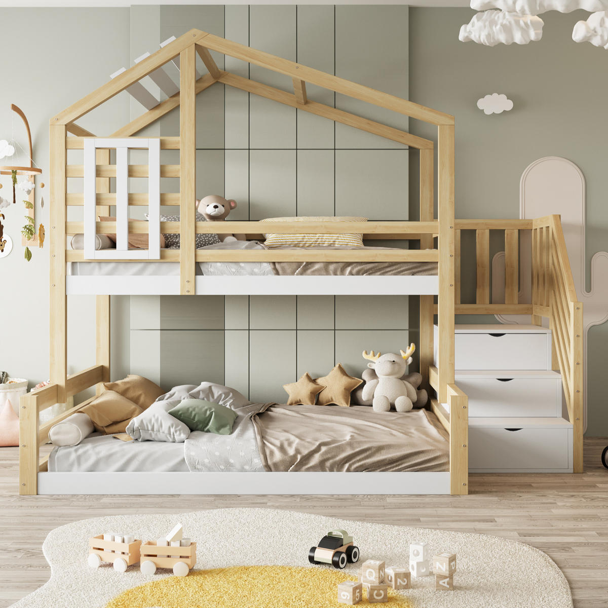 HAUSBETT 90/200 & 140/200 cm aus Kiefernholz mit Treppe und Stauraum - Naturfarben, Holz (90/200cm) - BEAOK