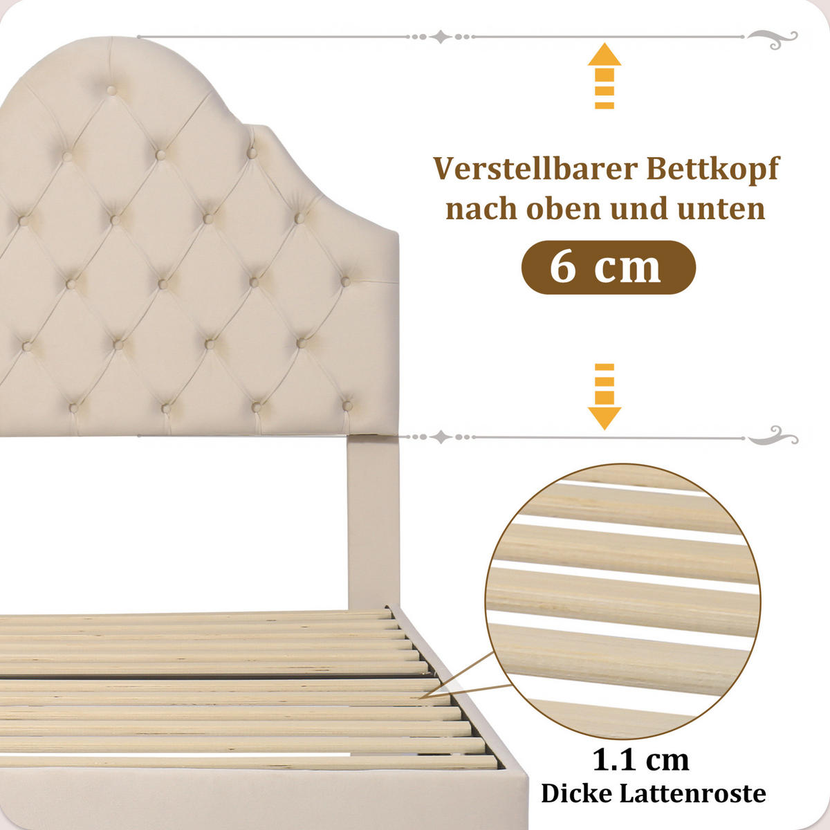 POLSTERBETT 90/200 cm mit Lattenrost und höhenverstellbarem Kopfteil aus Samt, Beige - Beige, Textil (90/200cm) - Redom