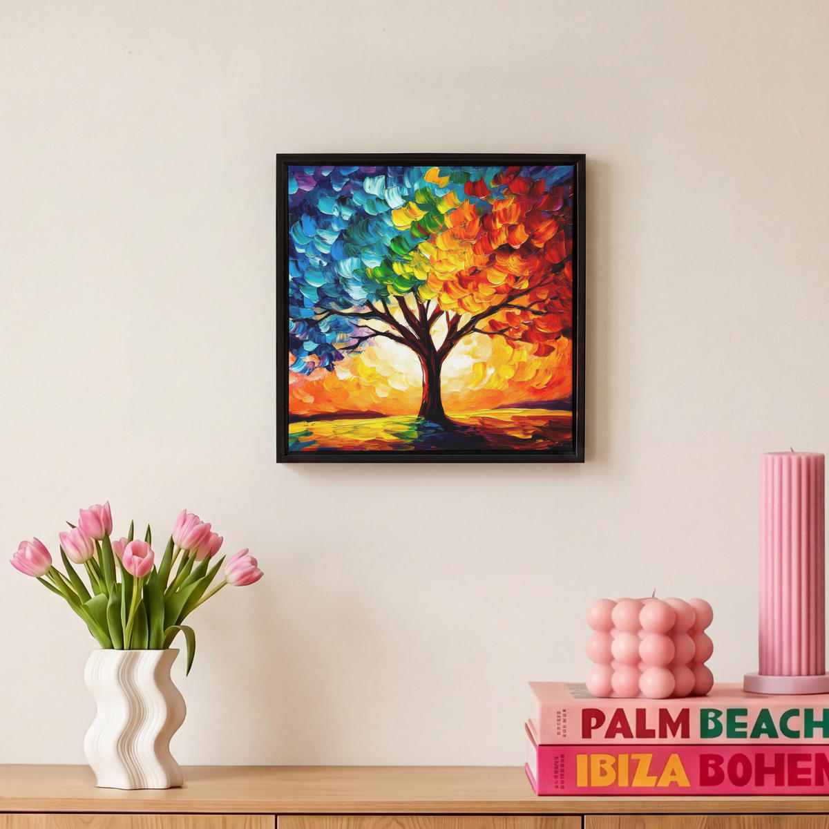 LEINWAND Bilder mit Rahmen - Baum - Kunst - Natur - Sonnenuntergang - 20x20 - Multicolor, Textil (20/20cm) - MuchoWow