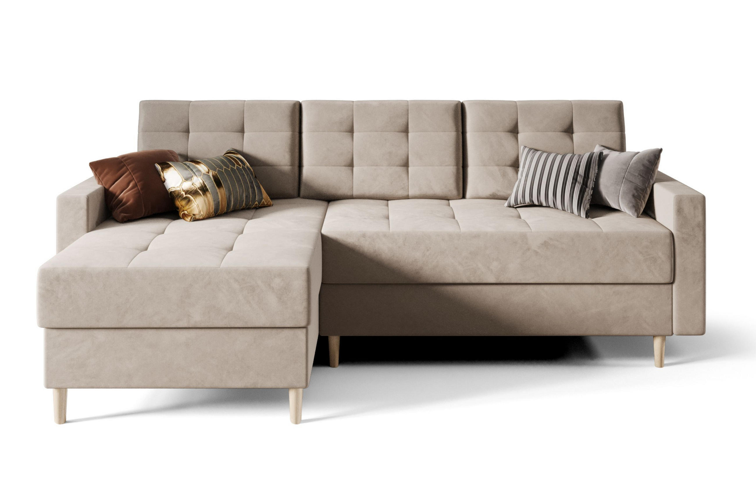 ECKSOFA BARI RN01, Eckcouch in L-Form mit Schlaffunktion, Farbe: Beige, Velourstoff, Ottomane Links - Beige, Textil (224/144cm) - O-Sofa