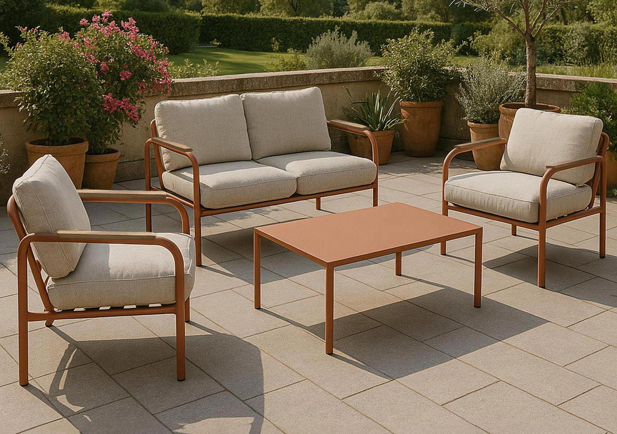 GARTENGARNITUR Rot, Beige 1x 2-Sitzer Gartenbank, 2x Sessel und 1x Tisch-Set - Beige/Rot, Metall - MCW