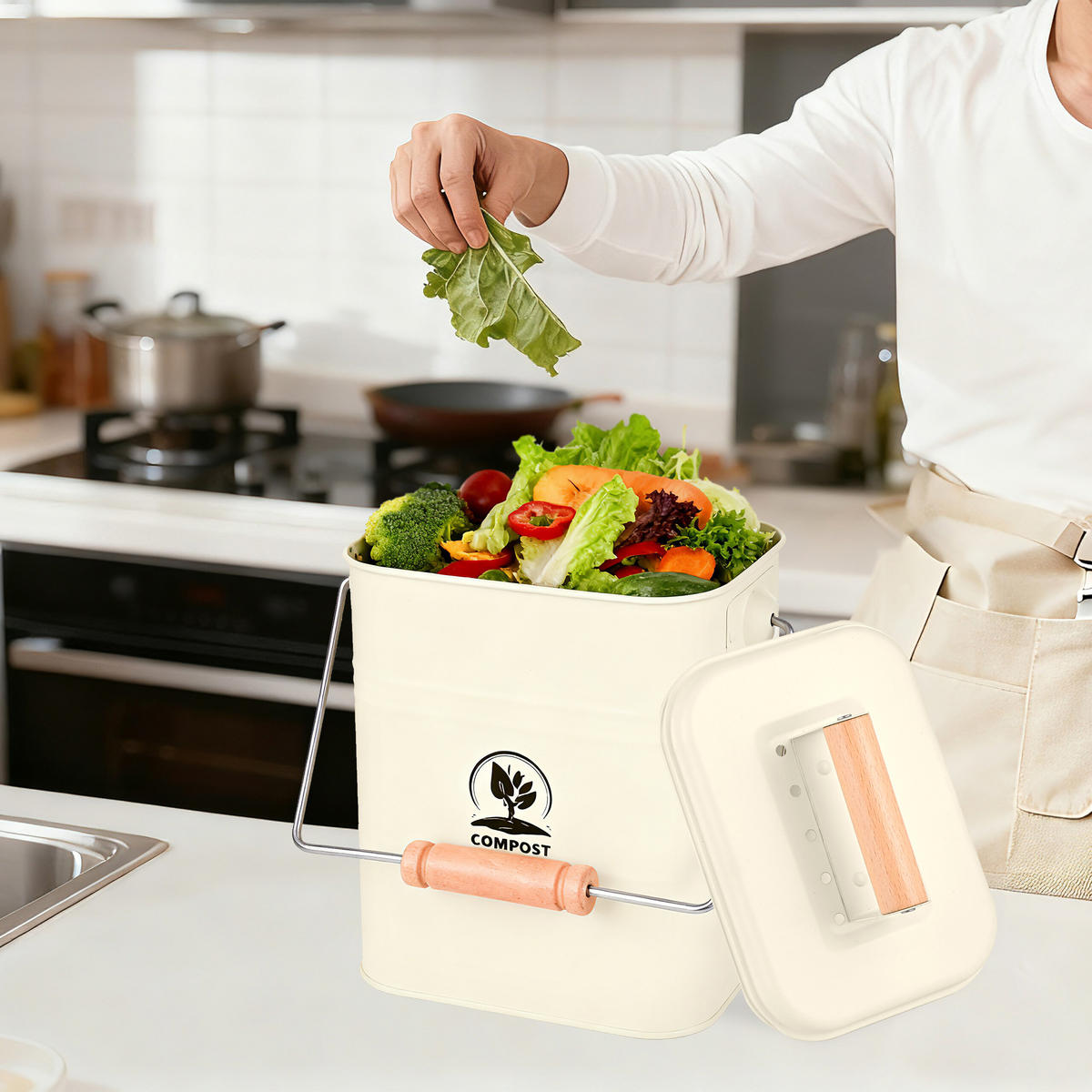 KÜCHEN-KOMPOSTEIMER - Creme, Holz/Textil (15.5/26/20cm) - Relaxdays