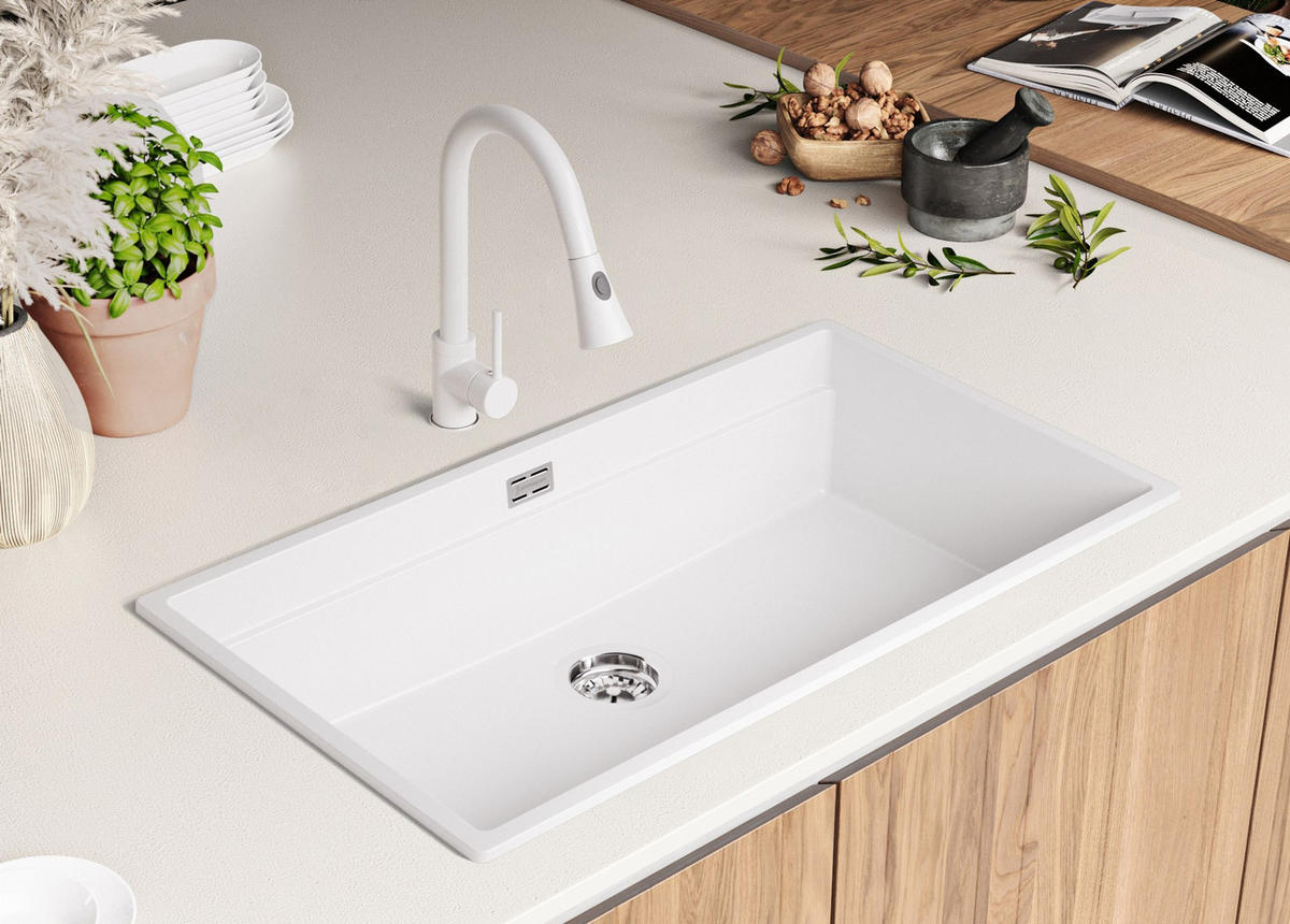 GRANITSPÜLE Praga Slim, 2-er set Weiß 86/47 cm 1 Becken + Küchenarmatur 38/14 cm + Ablauf-Set + Aufrollbare Abtropffläche ab 90er Unterschrank - Chromfarben/Weiß, Kunststoff (86/20/47cm) - Primagran