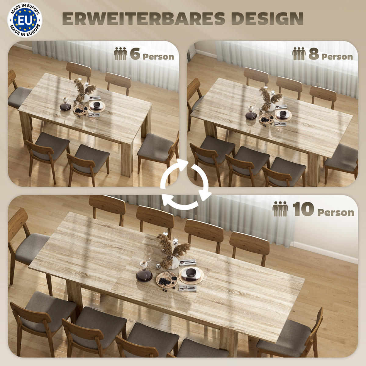ESSTISCH ausziehbar 180-260 x 90 cm Küchentisch für 8-10 Personen, Eiche - Eichefarben, Holzwerkstoff (260/90/76.6cm) - HOMCOM