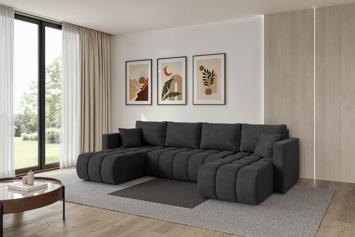 SEDACÍ SOUPRAVA DO U s funkcí spaní a úložným prostorem GARD-U 300x146x85 tmavě šedá velur - černá/antracitová, kompozitní dřevo/textil (300/85/146cm) - ALTDECOR
