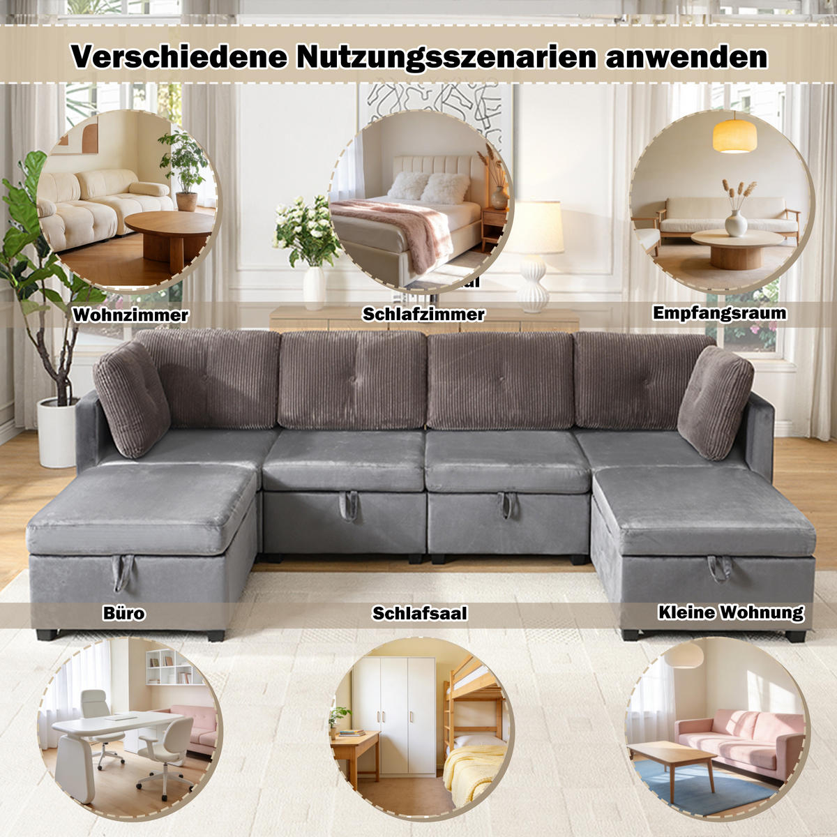 WOHNLANDSCHAFT 6-Sitzer Samt und Cord Antikgrau mit Stauraum - Grau, Holzwerkstoff/Kunststoff (261/85/132.5cm) - WISHDOR
