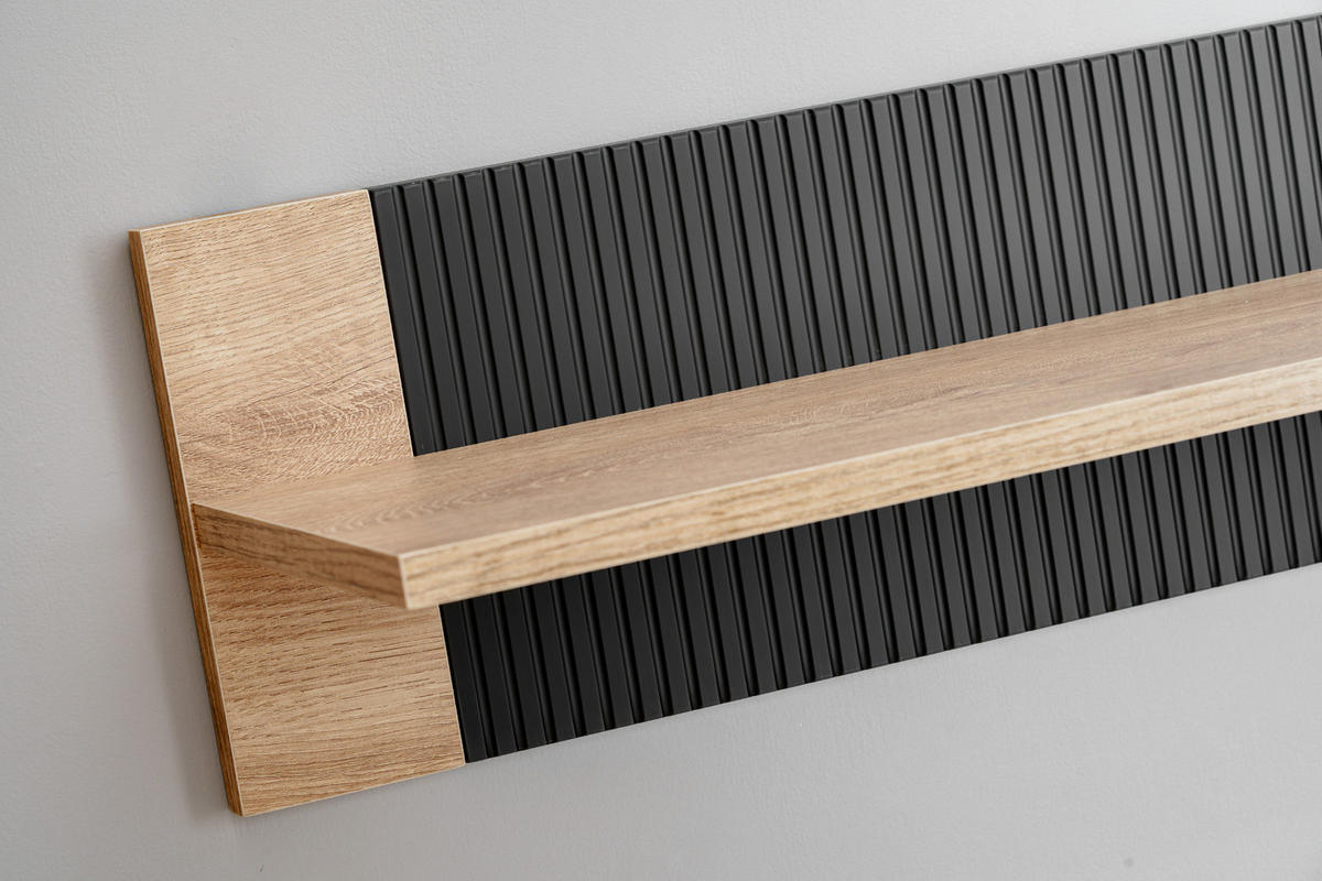 WOHNWAND Eiche, schwarz 4-teilig 350 cm, Schrankwand mit Kamin, inkl. Beleuchtung - Eichefarben/Schwarz, Glas/Holzwerkstoff (350/197/45cm) - Inn.Furn