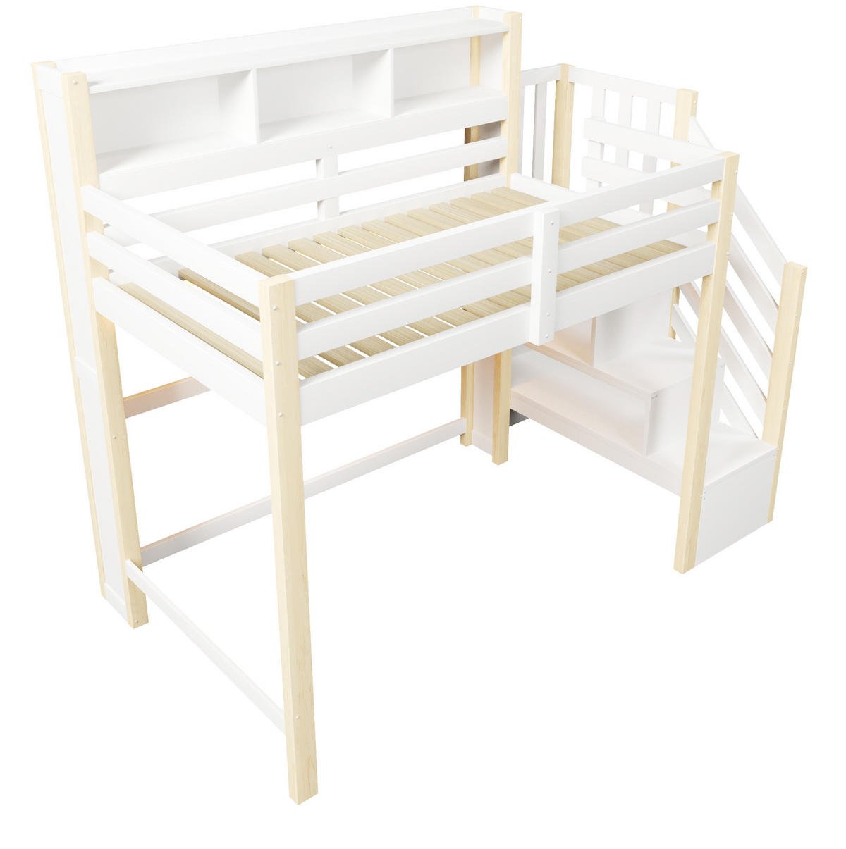 HOCHBETT 90/200 cm Weiß Natur mit LED, Stauraum ohne Matratze - Weiß, Holz (90/200cm) - MIVRAY