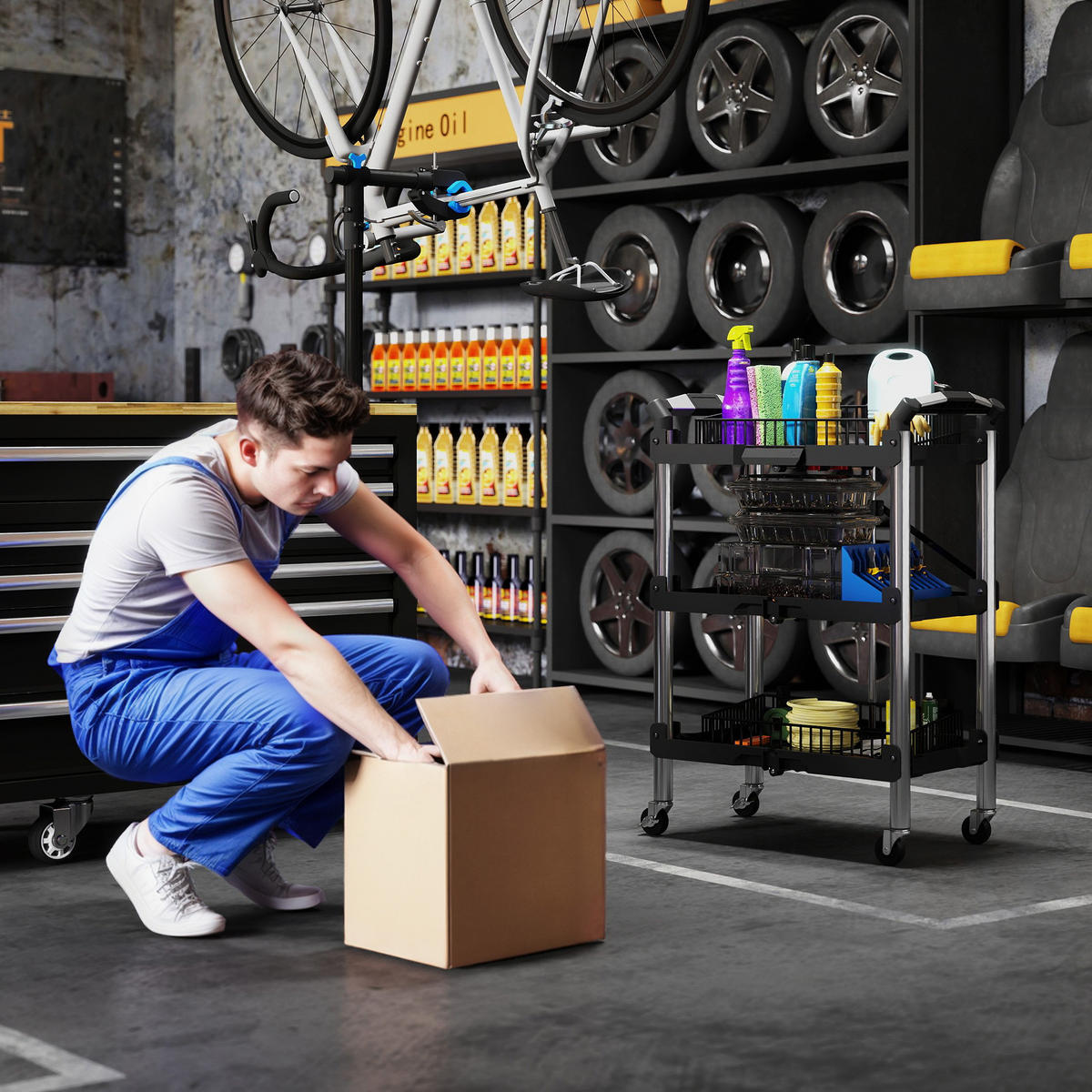 WERKSTATT-ROLLWAGEN mit 3 Etagen, Klappbar Werkzeugwagen mit Griff Schwarz - Schwarz, Metall (37/84/64cm) - HOMCOM