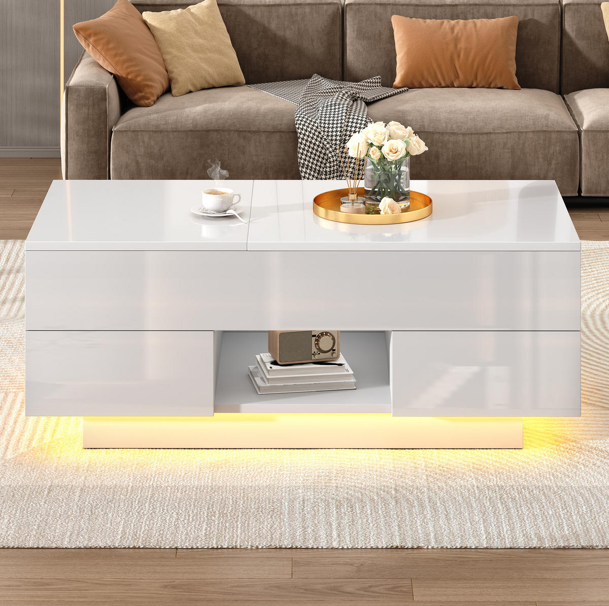 COUCHTISCH höhenverstellbar 100 x 45 x 43 cm Weiß mit 2 Schubladen LED - Weiß, Holzwerkstoff (100/45/43cm) - Meubliv