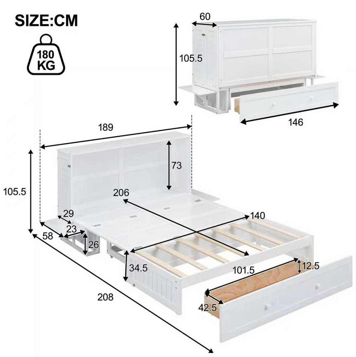 SCHRANKBETT Mobiles 140/200 cm Weiß mit Schublade und Regal - Weiß, Holz (140/200cm) - OKWISH