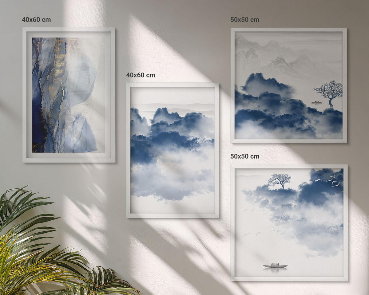 WANDBILDER 4er-Set - 50x50 cm & 40x60 cm Weißer Rahmen - Berge, Wolken, Bäume, Vögel im Hintergrund - Weiß, Kunststoff (50/50cm) - ArtPrintCave