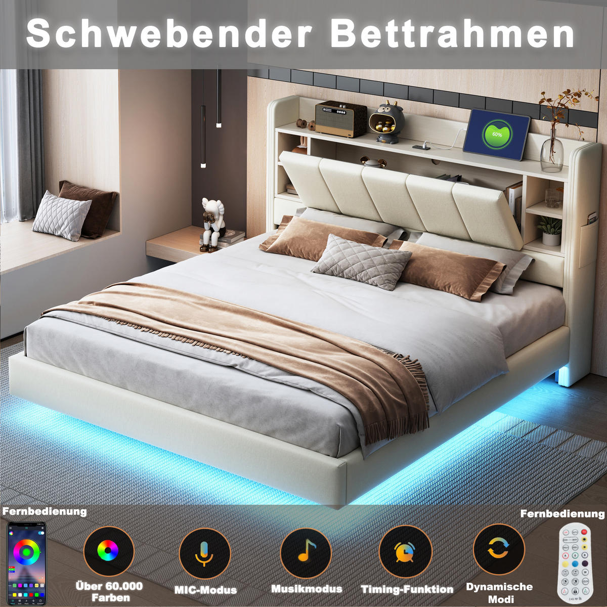 POLSTERBETT 160/200 cm Beige mit USB-Anschluss und LED-Beleuchtung - Beige, Textil (160/200cm) - OKWISH