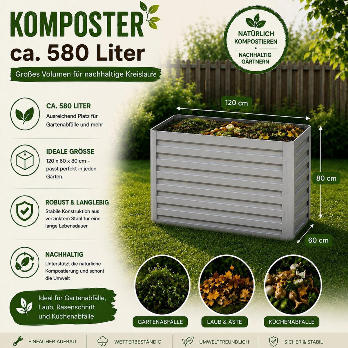 KOMPOSTER Garten, Silber, 120 x 60 cm - Silberfarben, Metall (120/80/60cm) - Vicco