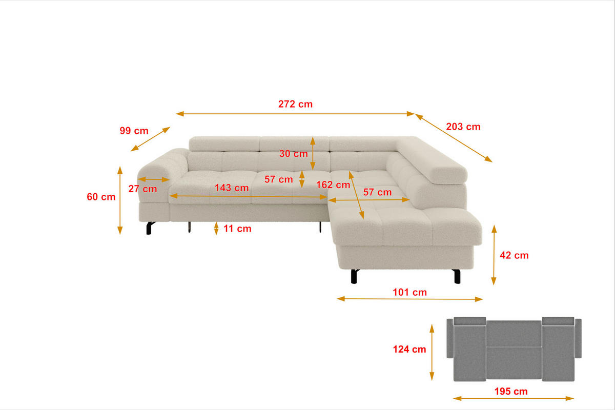 ROHOVÁ SEDAČKA s funkcí spaní otomana vpravo LUMA-L 272x203x70 béžová buklé - černá/béžová, kompozitní dřevo/textil (203/272cm) - ALTDECOR