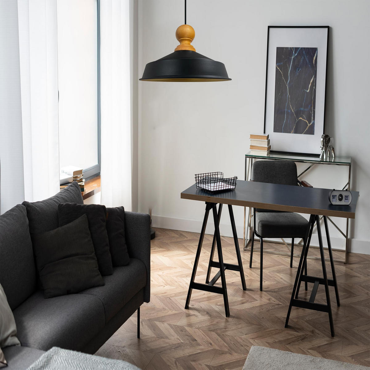 DECKENPENDELLEUCHTE Holz Asletl - Schwarz, Holz/Metall (24/40/148cm) - Bamyum