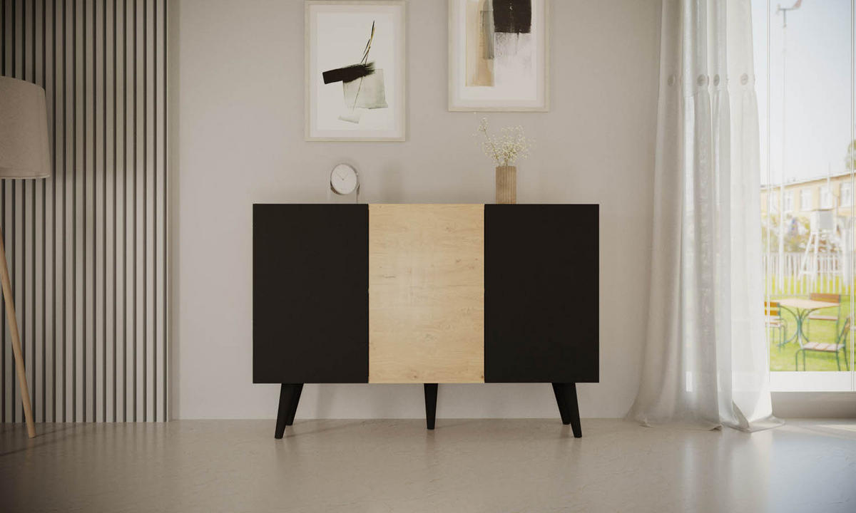 SIDEBOARD Ivy 120/95/40 in Lancelot Eiche, Schwarz - Schwarz/Braun, Holz/Holzwerkstoff (120/95.5/39.9cm) - WFL GROUP