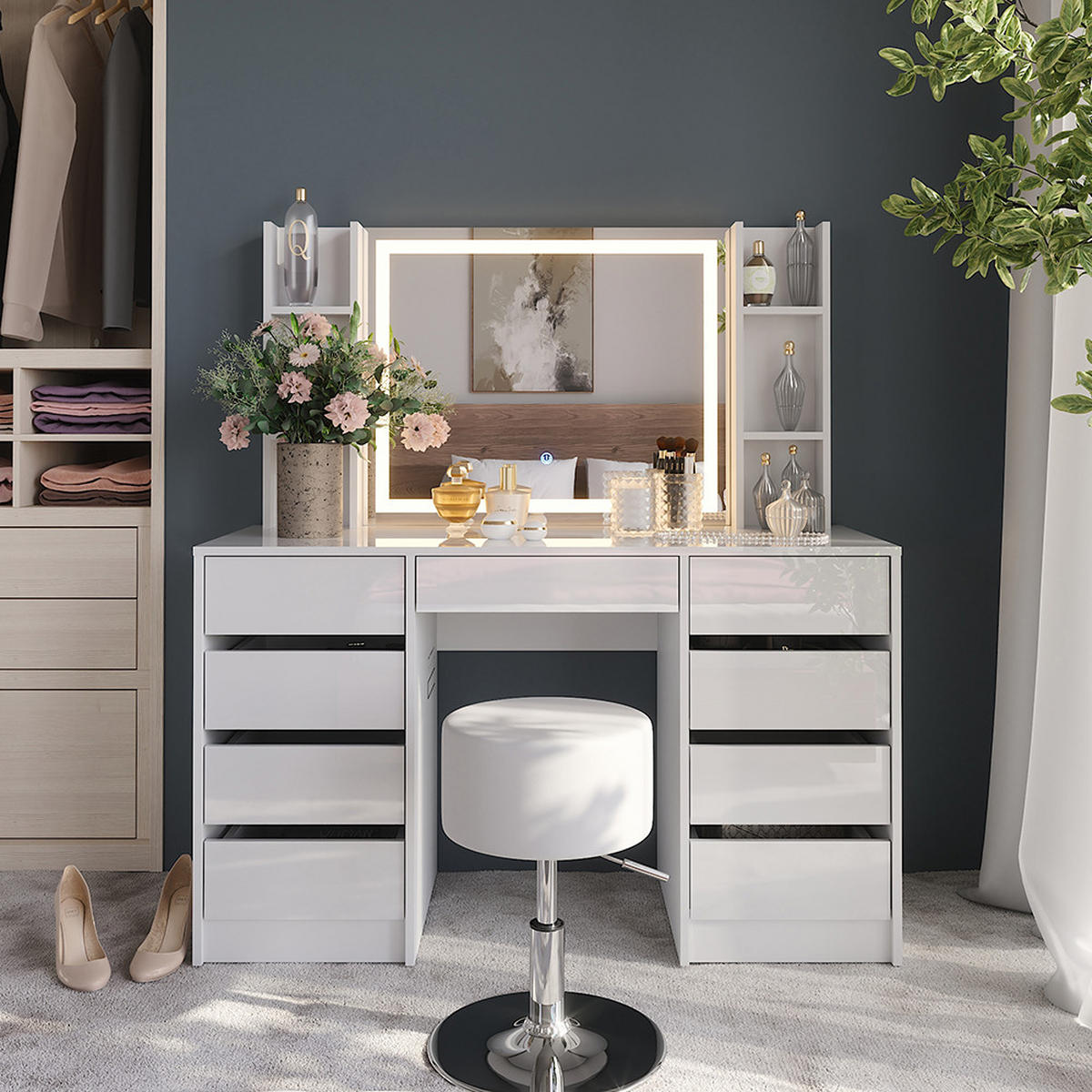 SCHMINKTISCH Sherry Weiß/Weiß Hochglanz 128.2 cm 5 Teile - Weiß Hochglanz, Holzwerkstoff (128.2/76/50.1cm) - Vicco