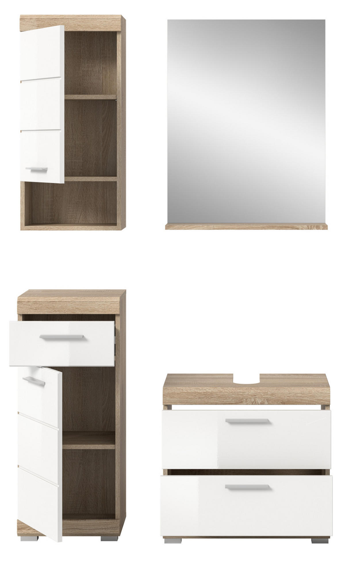 BADMÖBEL-SET weiß Hochglanz, Eiche 4-teilig 112 cm, Kombination mit viel Stauraum - Weiß Hochglanz/Eichefarben, Glas/Holzwerkstoff (112/191/37cm) - Inn.Furn