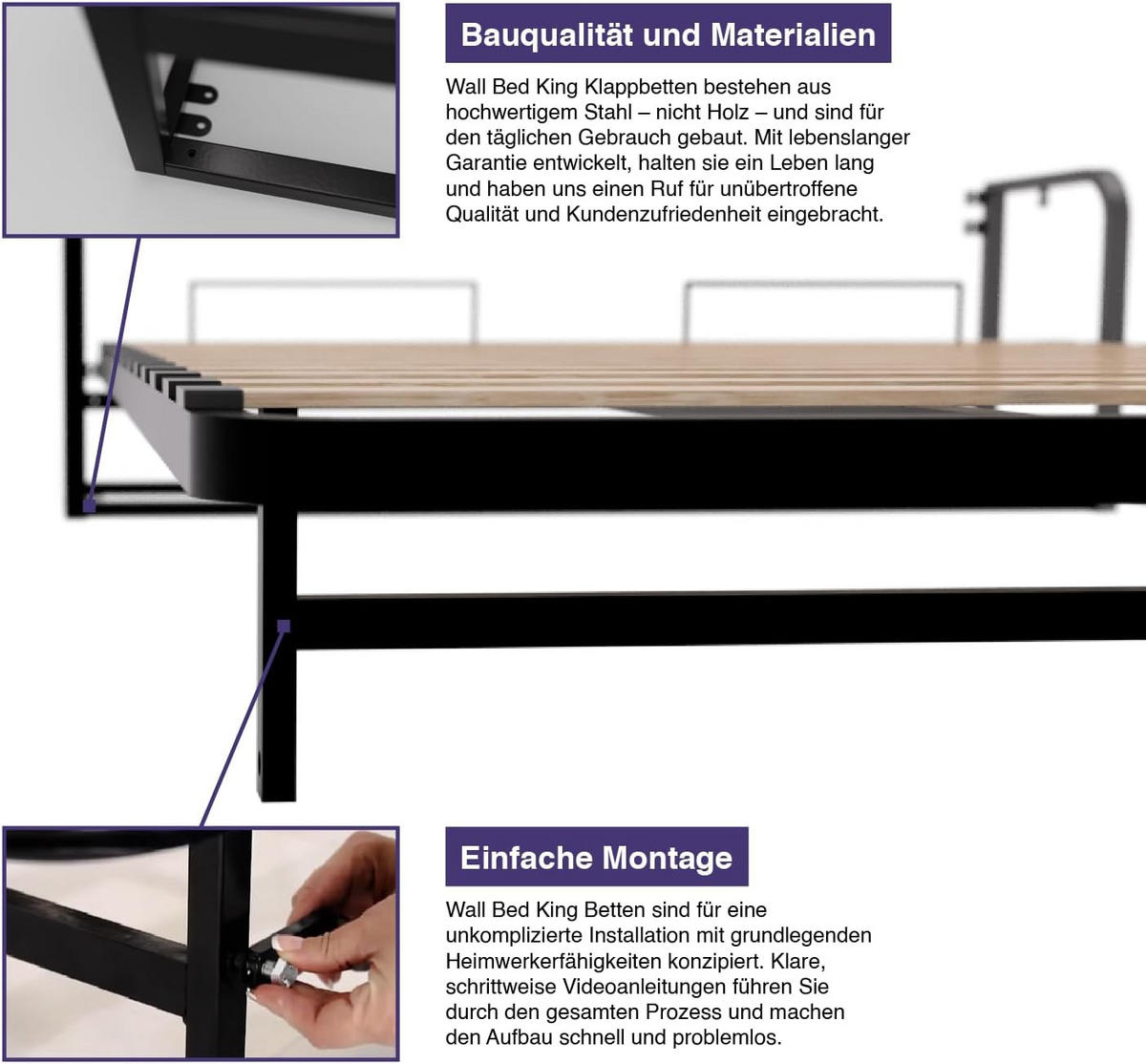 WANDBETT Murphy Classik 135x190 Vertikal, mit Gasdruckfeder-Mechanismus - Graphitfarben/Schwarz, Metall (135/190cm) - WallBedKing