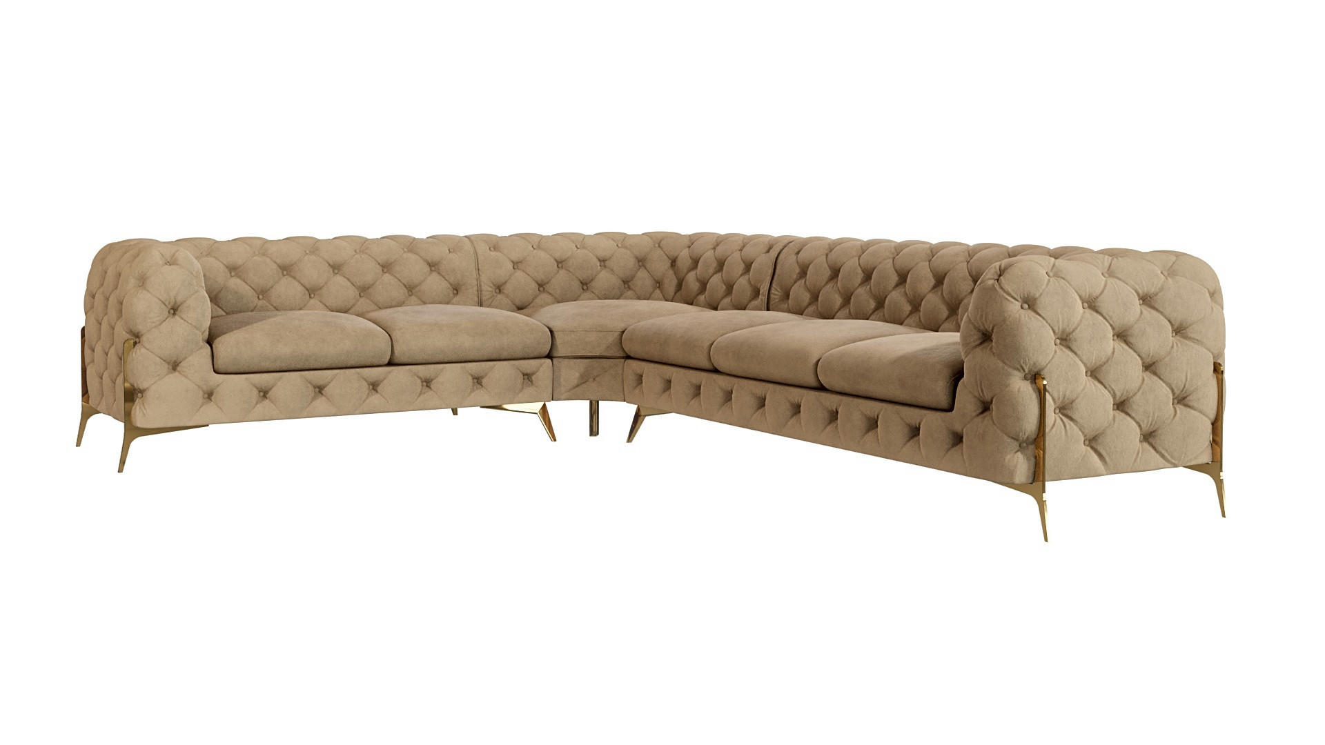 S-Style CHESTERFIELD ROHOVÁ SEDAČKA Lexi z béžového sametu se zlatými nohami - otoman vpravo