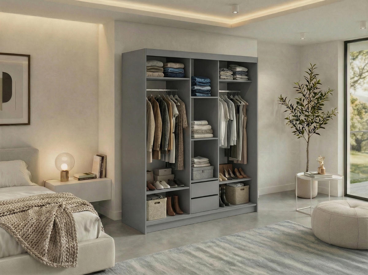 SCHWEBETÜRENSCHRANK mit Schubladen 180 - GRECJA - Grau mit Spiegel - Alufarben/Grau, Holzwerkstoff/Metall (180/216/61cm) - MKS
