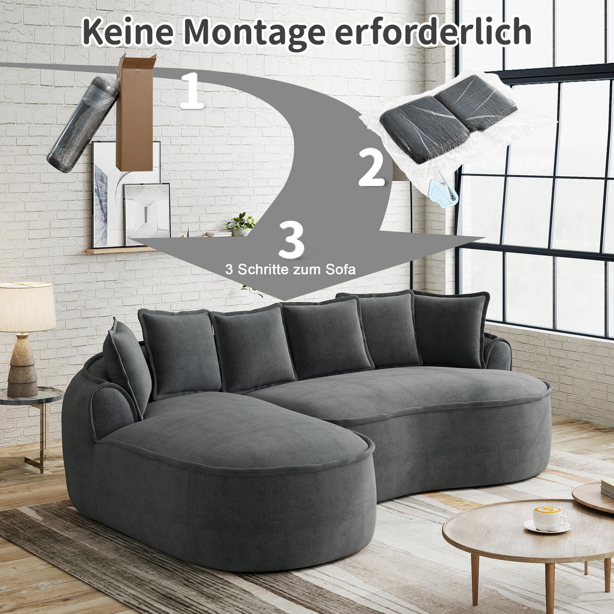 3-SITZER Sofa 252x164x67 cm aus Chenille-Stoff rahmenlos multifunktional, grau - Grau, Textil (164/67/252cm)