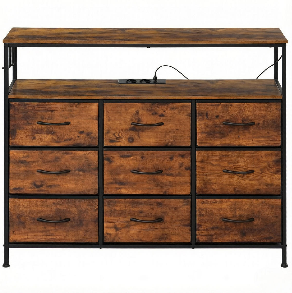 KOMMODE in Rustikalbraun und Schwarz 110x30x85 cm mit 9 Schubladen, Steckdosenleiste und LED-Beleuchtung - Schwarz, Metall (30/85/110cm) - IVMEU