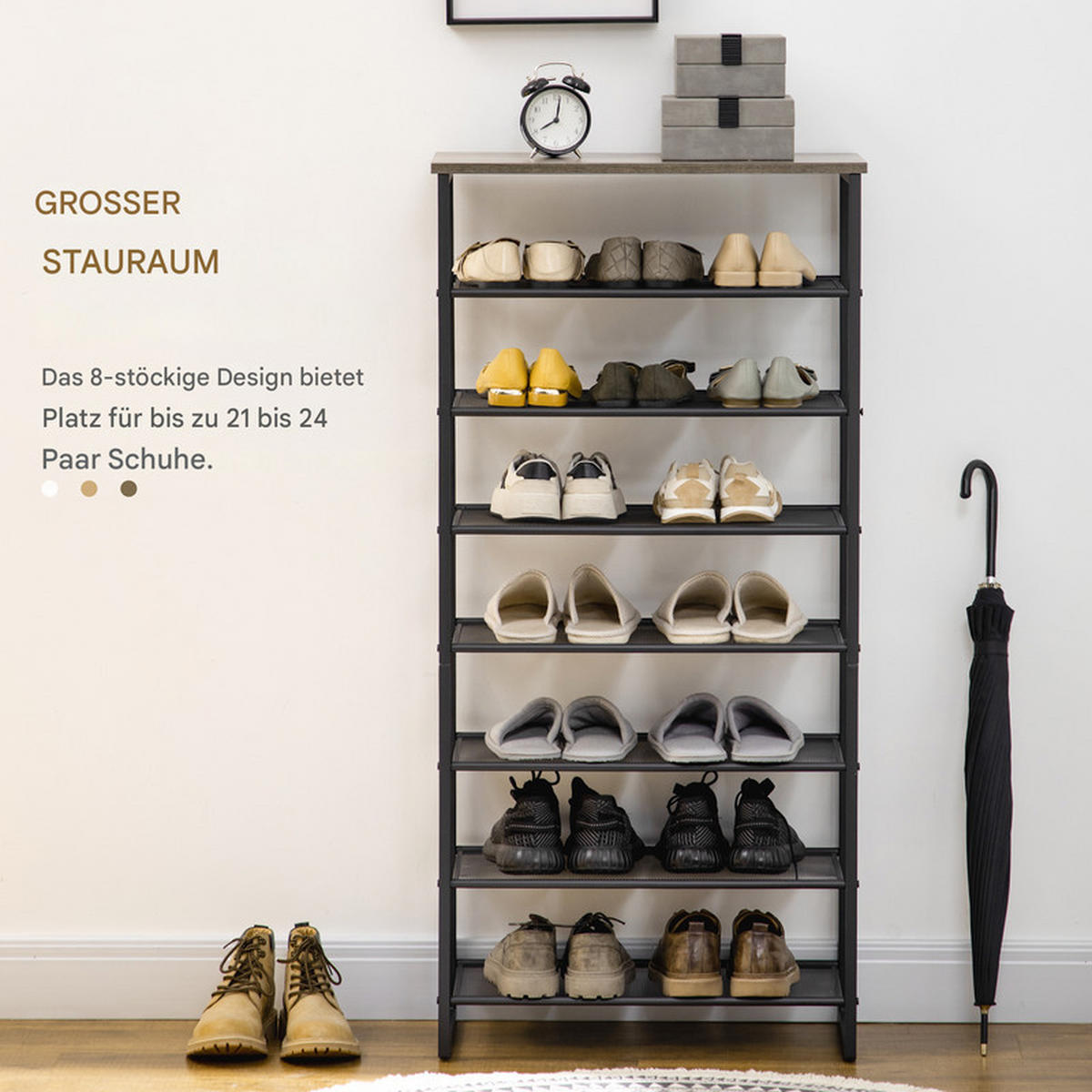 SCHUHREGAL mit 8 Ebenen für 21 Paar Schuhe, obere Ablage in Holzoptik, 60 x 28,5 x 126 cm, Schwarz - Schwarz, Holzwerkstoff (60/126/28.5cm) - HOMCOM