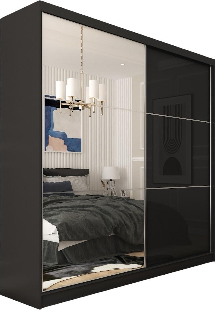 SCHWEBETÜRENSCHRANK Vena 200 cm mit Spiegel 2-türig, schwarz, lacobel schwarz - Schwarz, Holz/Kunststoff (200/216/61cm) - Margaret Hadas24