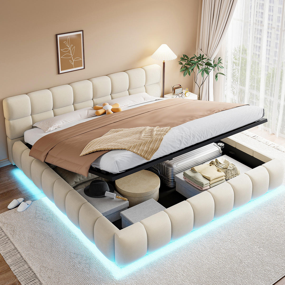 POLSTERBETT mit Stauraum und LED 180x200 cm Samt Beige - Beige, Metall (180/200cm) - Meubliv