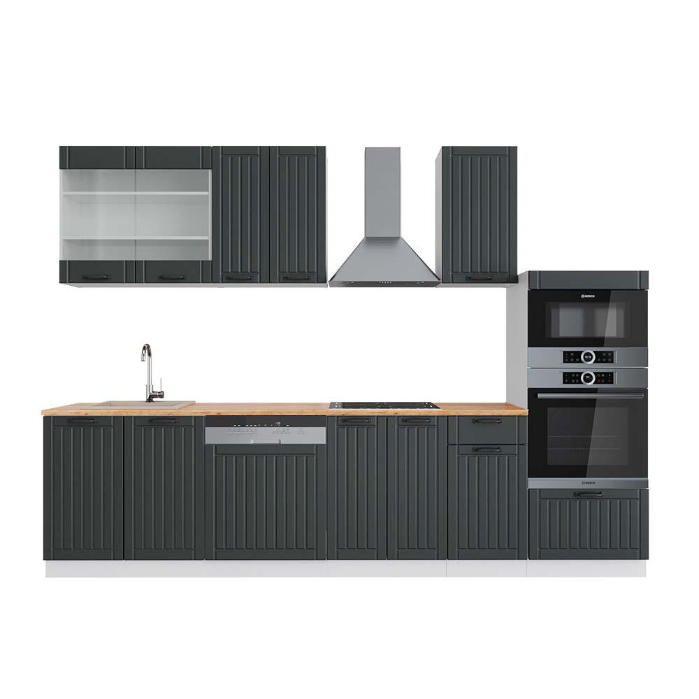 KÜCHENZEILE Fame-Line Anthrazit Landhaus/Weiß 300 cm mit Hochschrank AP Eiche - Dunkelgrau/Weiß, Holzwerkstoff (300/81.6/60cm) - Vicco