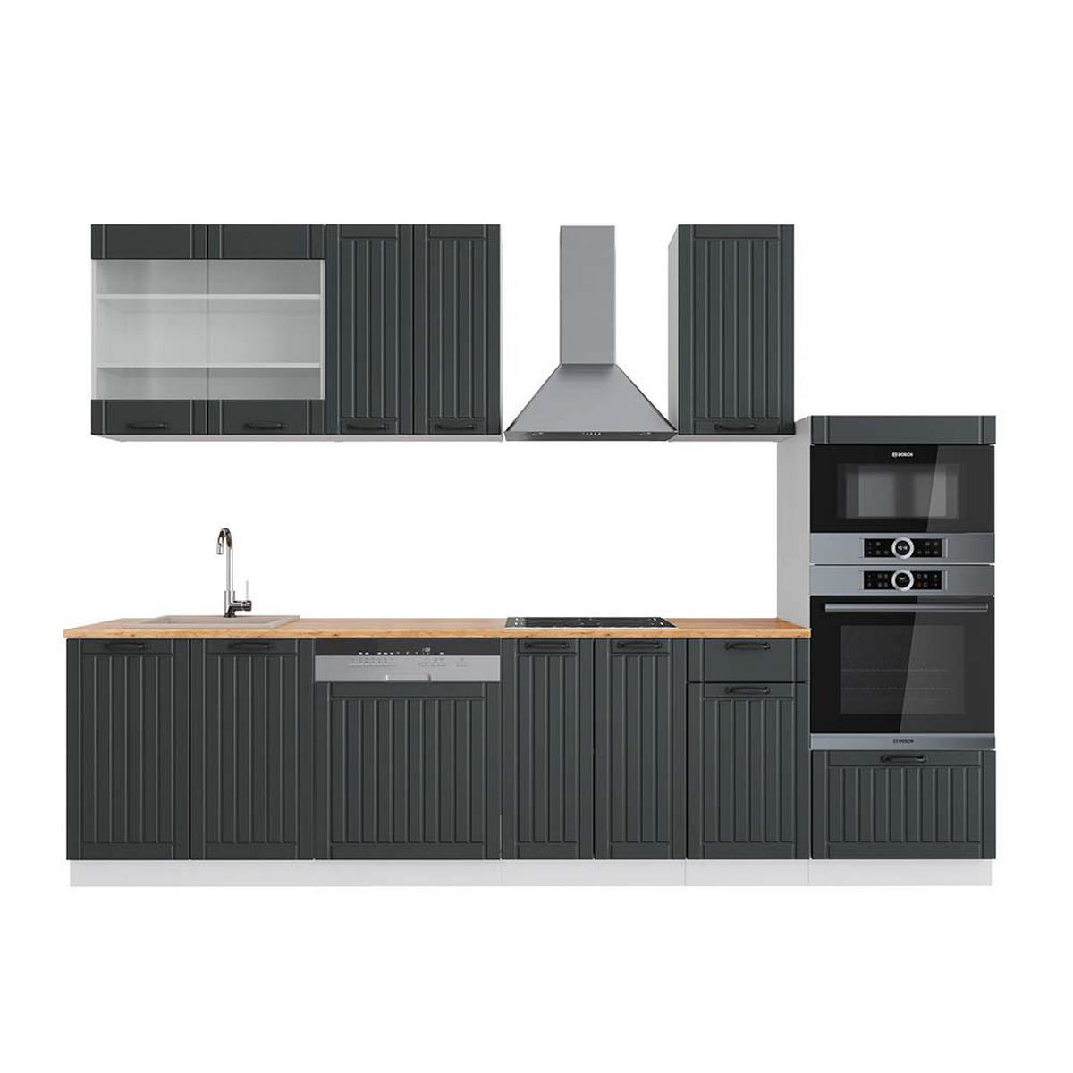 KÜCHENZEILE Fame-Line Anthrazit Landhaus/Weiß 300 cm mit Hochschrank AP Eiche - Anthrazit/Weiß, Holzwerkstoff (300/81.6/60cm) - Vicco