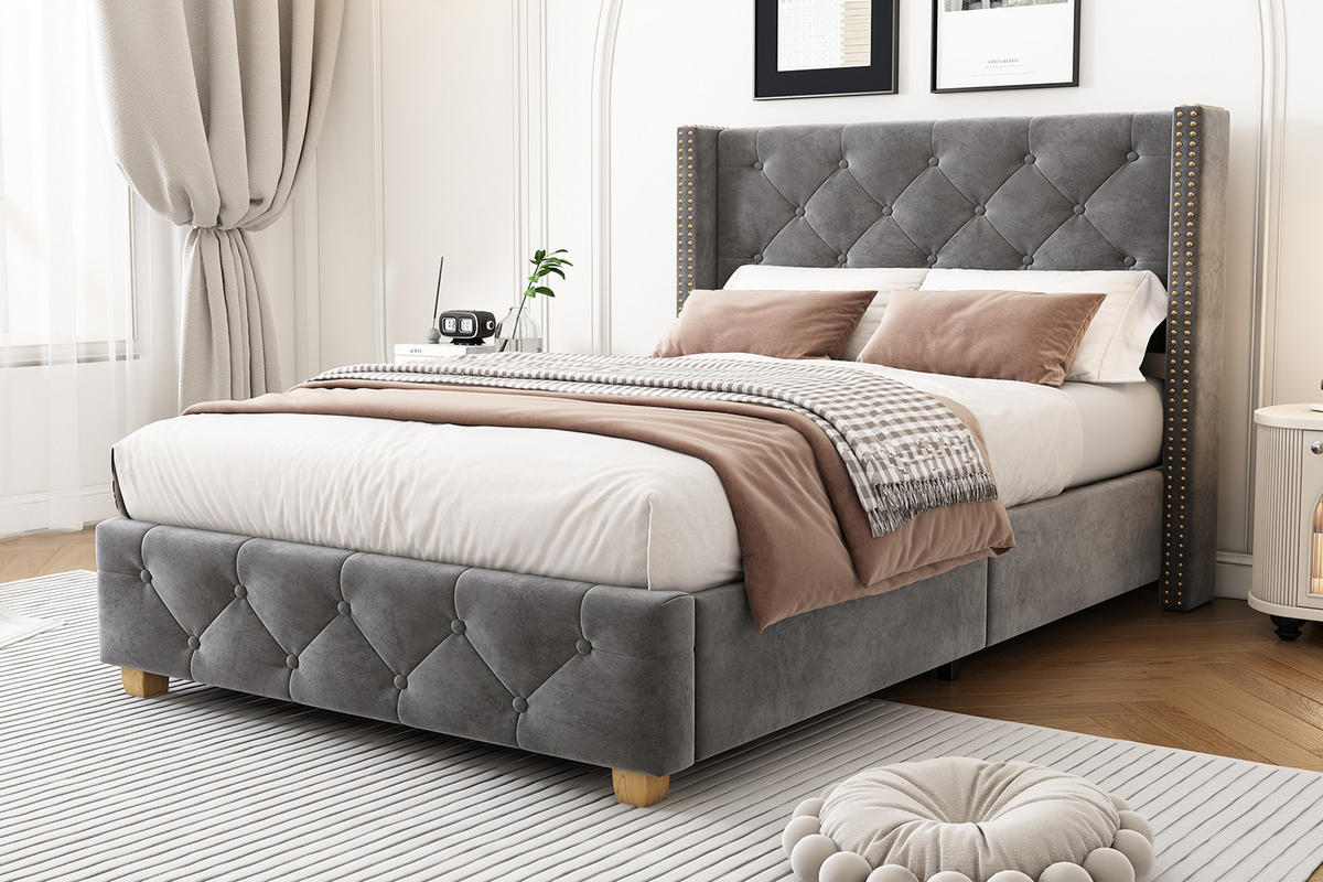 POLSTERBETT 90x200cm Grau Samt Mit Knopfpolsterung - Grau, Textil (90/200cm) - FLIEKS