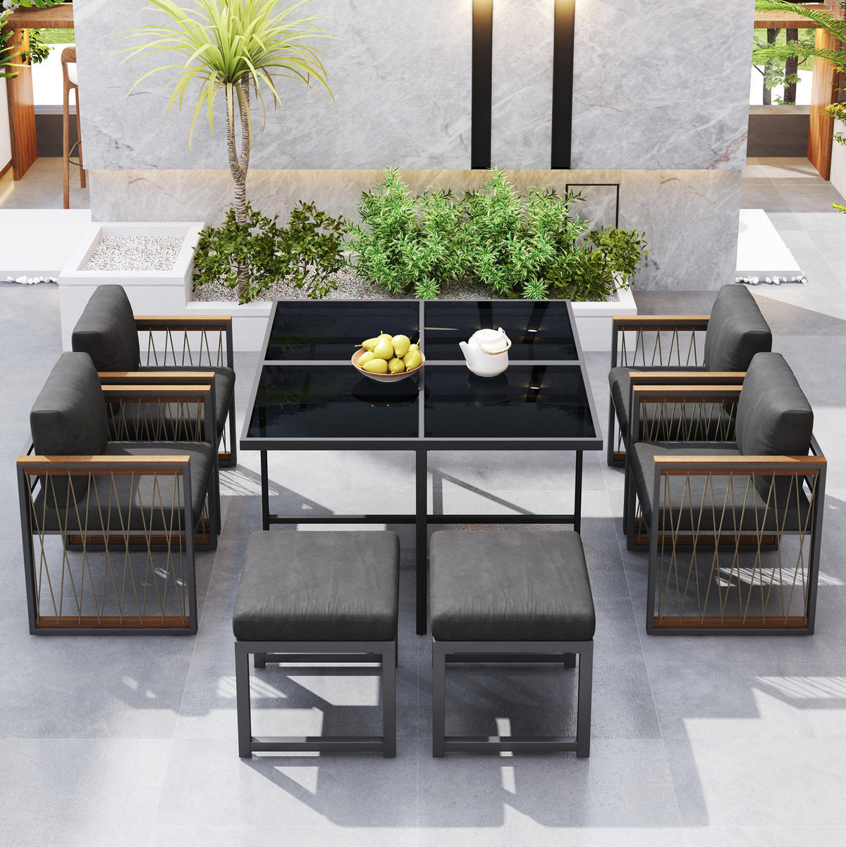 GARTEN-ESSGRUPPE 7-tlg. mit Tisch 117x117 cm Schwarz/Natur - Schwarz, Metall - Beauniv