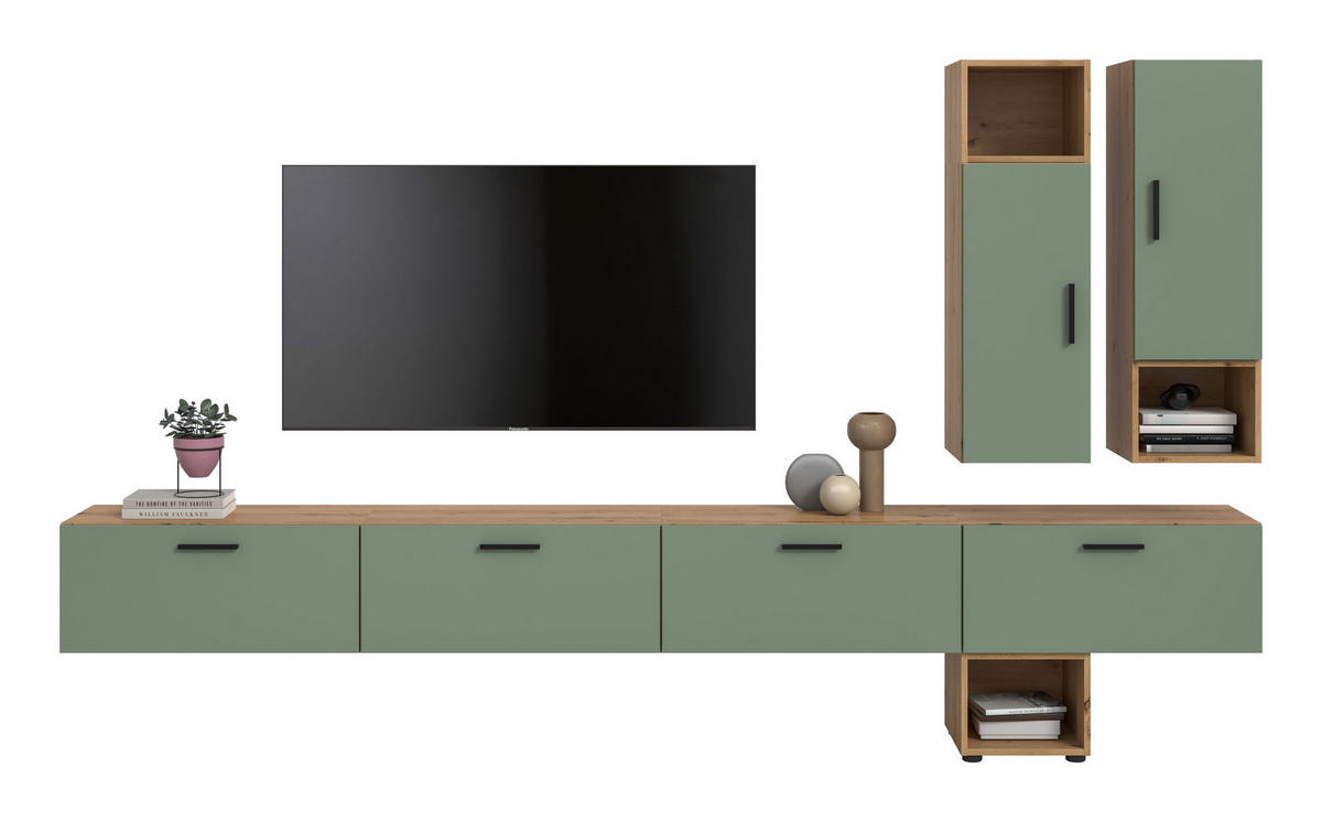 WOHNWAND Primo 6 tlg. (B/H/T: ca. 300/178/34 cm) in Artisan Oak /Smoke Green - Eiche Artisan, Holzwerkstoff (300/178/34cm)