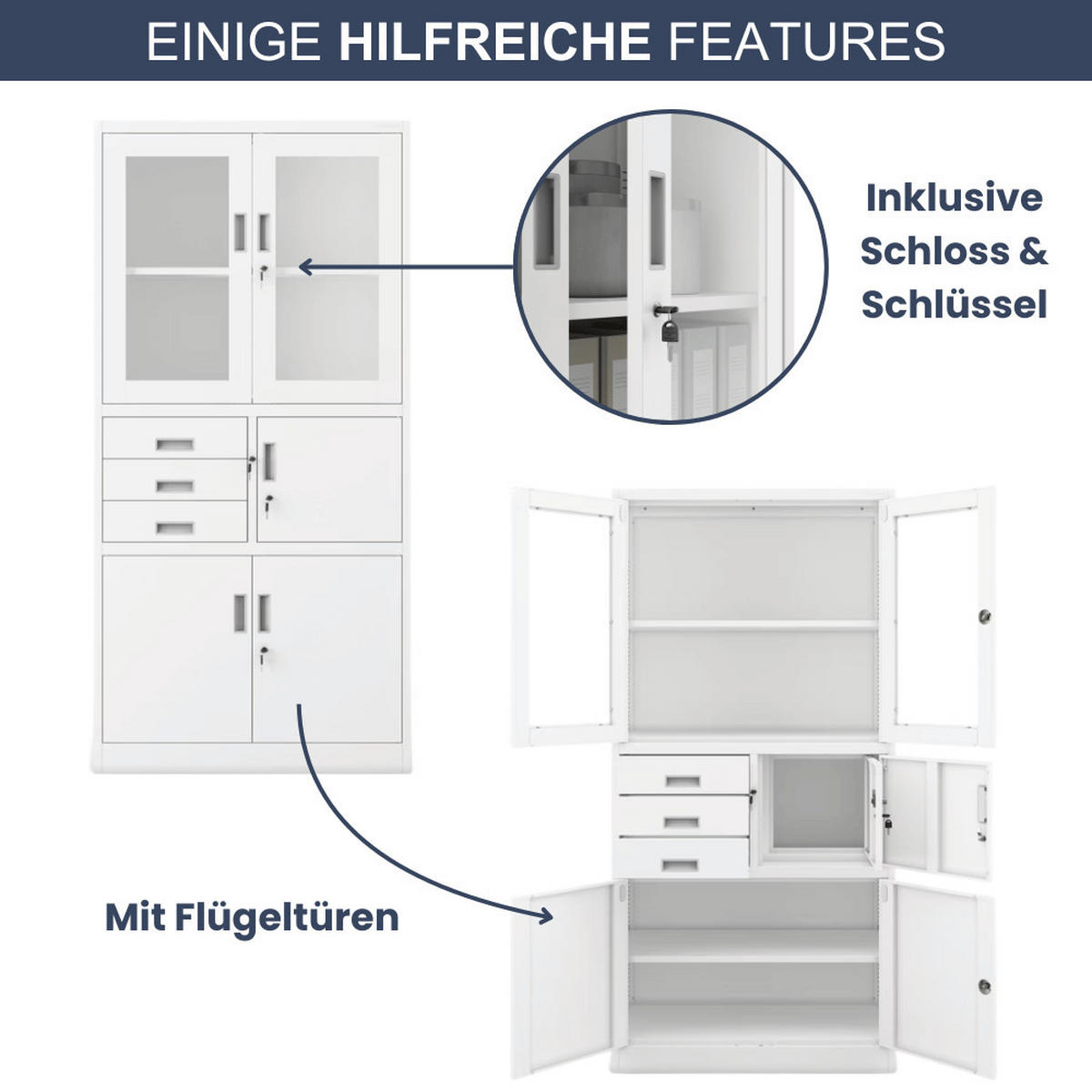 VITRINENSCHRANK abschließbar GEDO mit Tresor 185x90x40cm Weiß - Weiß, Metall (90/185/40cm) - DELUKE