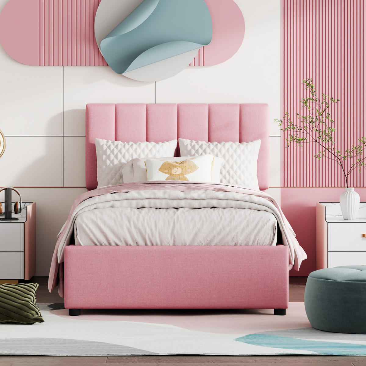 POLSTERBETT 90×200 cm mit bettkasten, hydraulisches stauraumbett, kinderbett mit hohes leinen-kastenbett, rosa - Pink, Holz/Metall (90/200cm) - GENKI LIVING