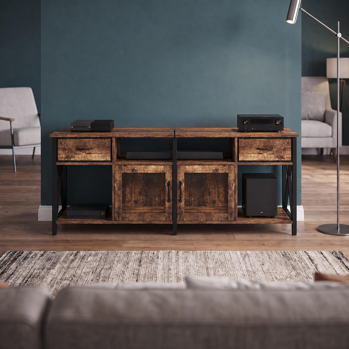 TV-LOWBOARD Braun Schwarz Industrial mit Stauraum 180 cm - Braun, Holzwerkstoff/Textil (180/60/40cm) - Relaxdays