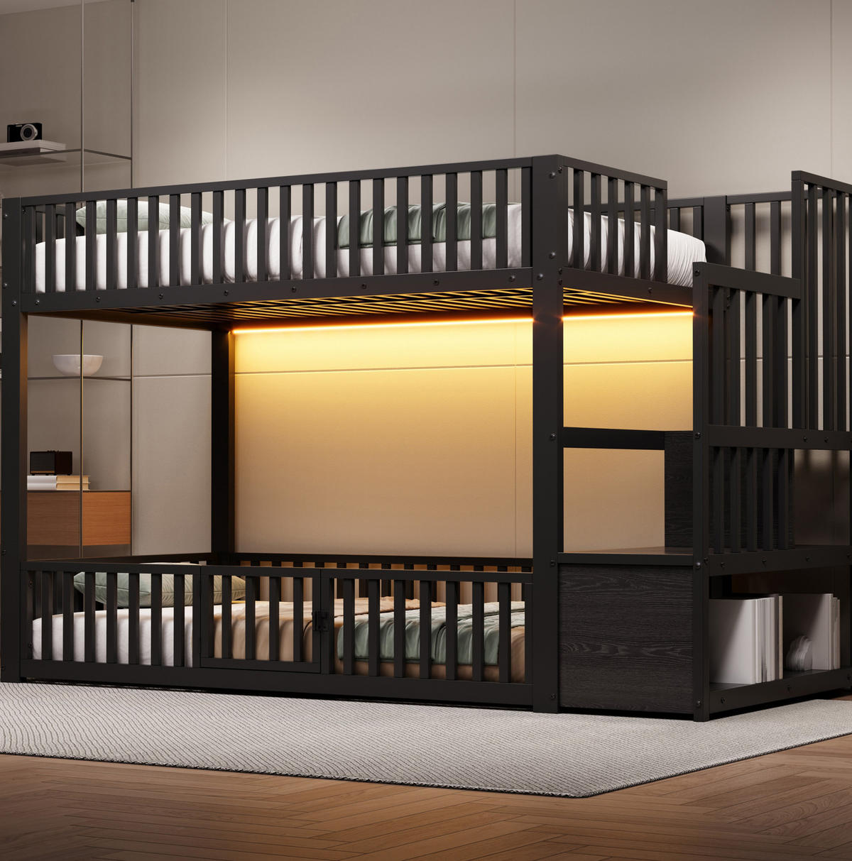 ETAGENBETT 90/200 cm aus Metall/MDF mit LED und Stauraumleiter Schwarz - Schwarz, Holzwerkstoff (90/200cm) - Modenvie