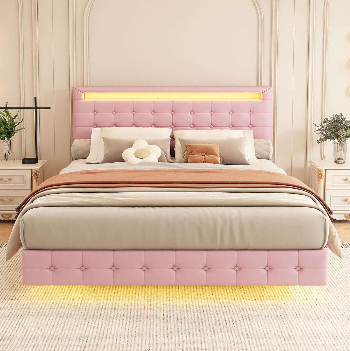 POLSTERBETT mit LED-Beleuchtung 140/200 cm in Rosa mit verstellbarem Kopfteil - Rosa, Leder (140/200cm) - BEAOK