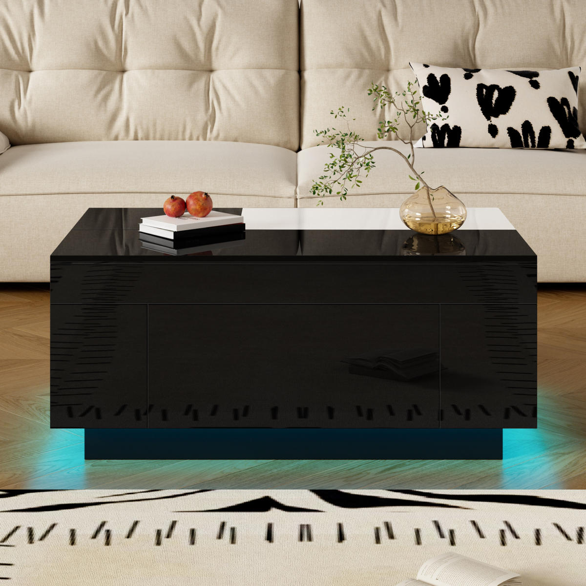 KONFERENČNÍ stolek z MDF, 80/50/35,5 cm černá/bílá, s LED osvětlením a výsuvnou deskou - černá, kompozitní dřevo (80/50/35.5cm) - BEAOK