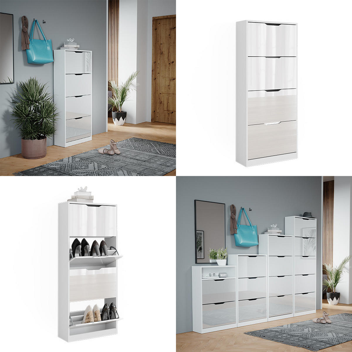 SCHUHKIPPER Luca Weiß/Weiß Hochglanz 59 x 137 cm mit 4 Klappschubladen - Weiß Hochglanz, Holzwerkstoff (59/137/22cm) - Vicco