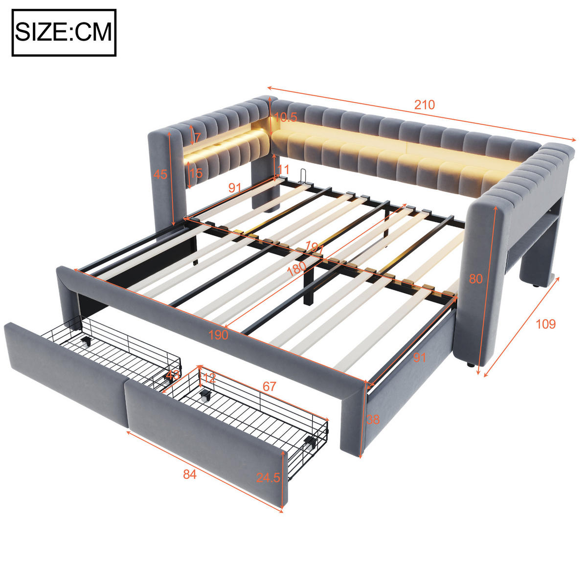 ROZKLÁDACÍ postel 90/190 cm sametová s LED osvětlením, USB-C a úložnými prostory, Šedá - šedá, textil (90/190cm) - Redom