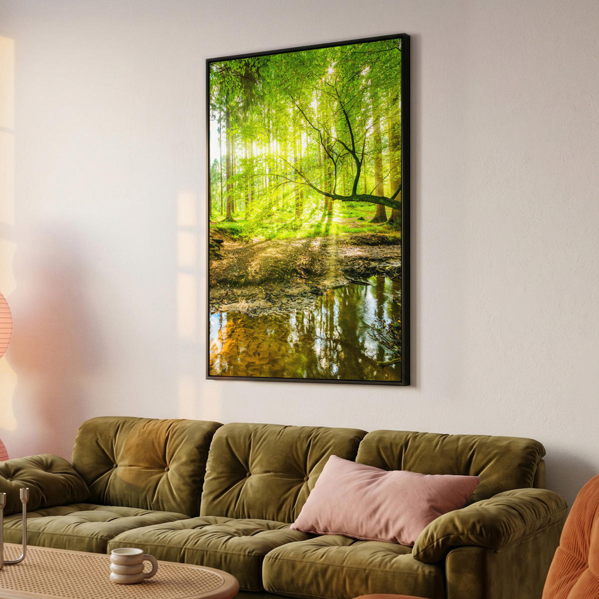 LEINWAND Bilder mit Rahmen - Wald - Landschaft - Wasser - Bäume - Sonne - Grün - Natur - 80x120 - Grün, Textil (80/120cm) - MuchoWow