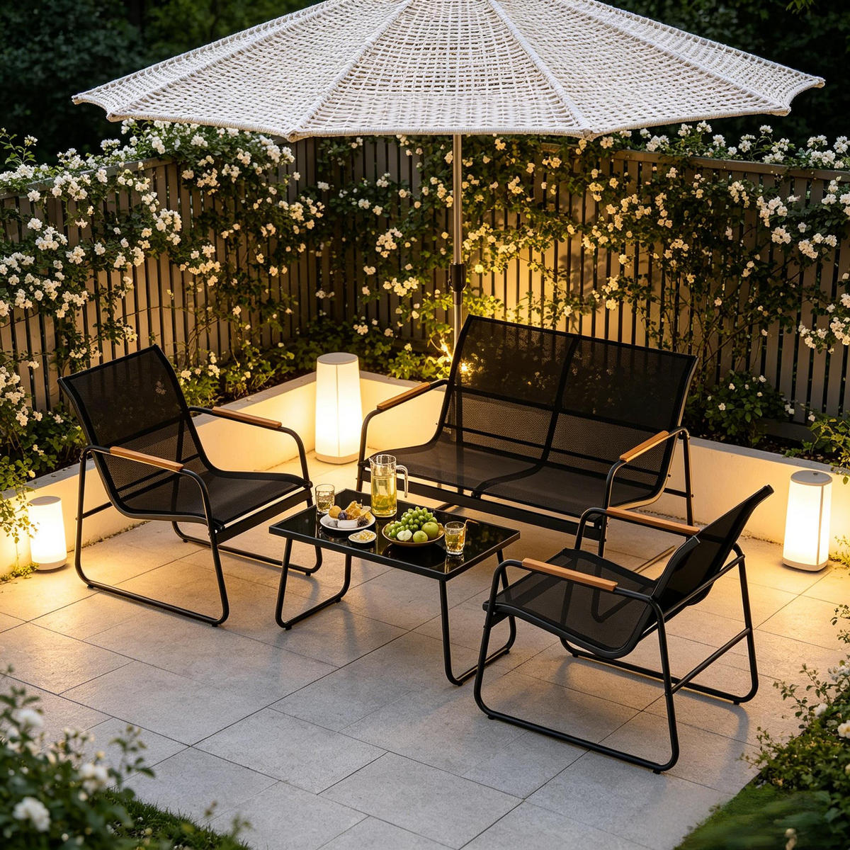 GARTENMÖBEL-SET Schwarz 4-teilig mit Glastisch & Armlehnen in Holzoptik - Schwarz, Metall - PANGIVO