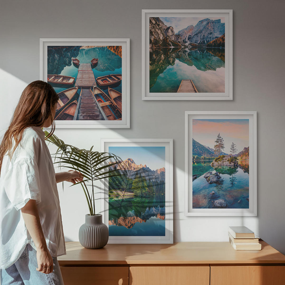 BILDER SET 4er Set - 50x50 cm & 40x60 cm Weißer Rahmen - Spiegelung des Waldes in Bergseen - Weiß, Kunststoff (50/50cm) - TULUP
