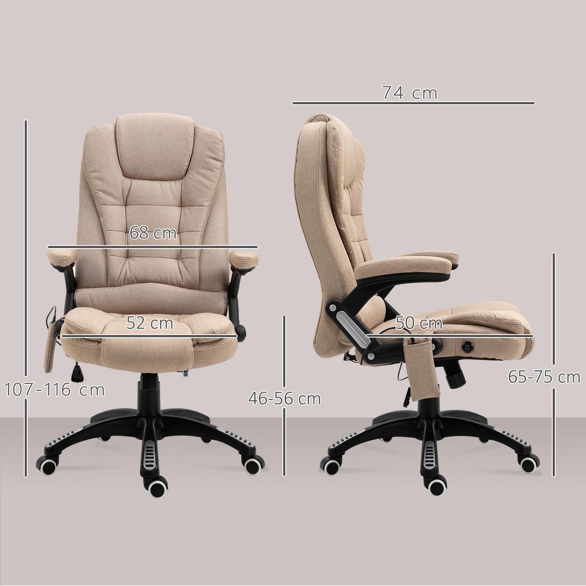 BÜROSTUHL mit Vibrationsmassage, Ergonomisch Schreibtischstuhl Höhenverstellbar - Schwarz/Braun, Kunststoff/Textil (74/116/67cm) - Vinsetto