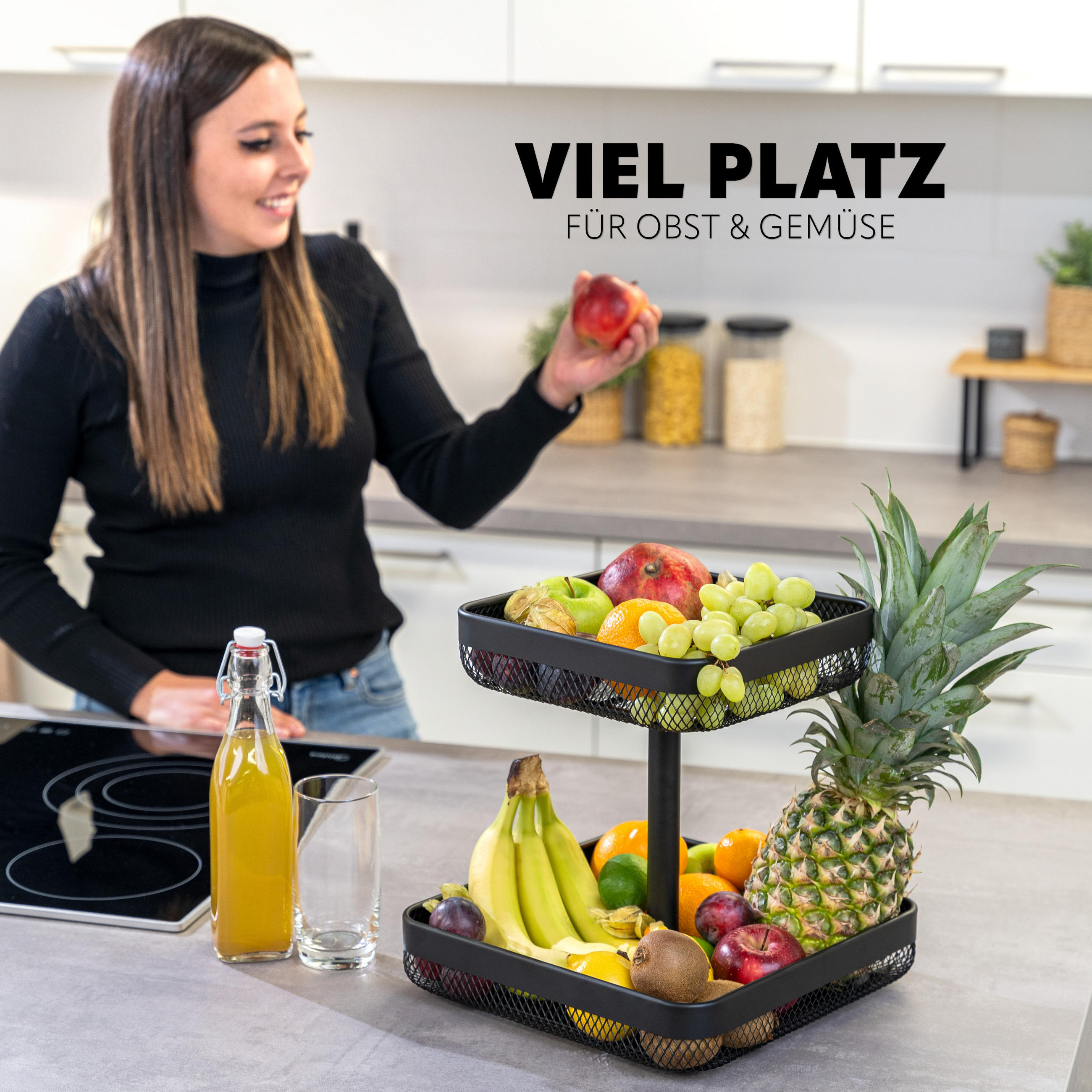 OBSTETAGERE 2-STÖCKIG eckig Metall schwarz - Schwarz, Metall (30/31cm) - eluno